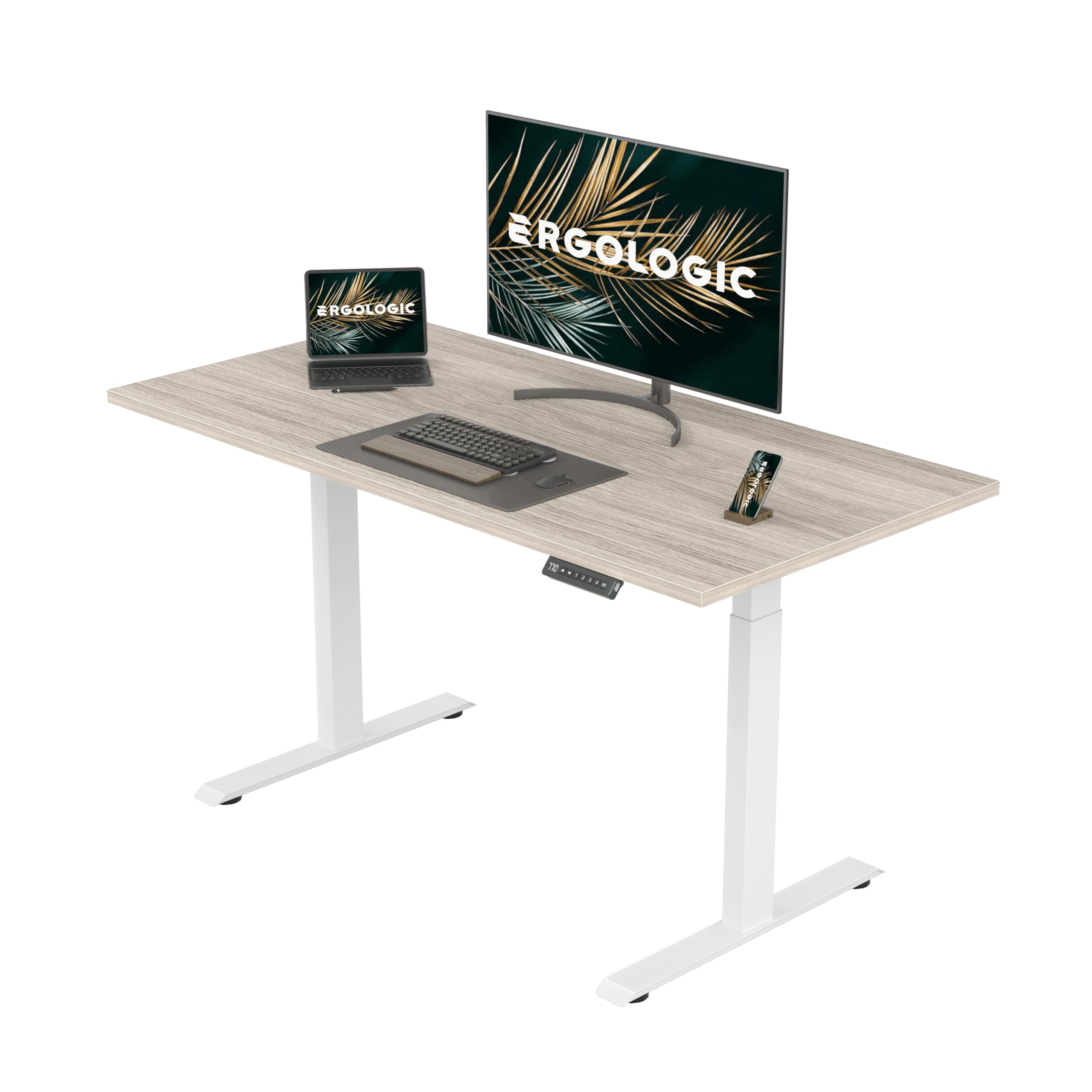 Ergologic Electric Height Adjustable Table for Home Office Work - Dual Motor 2 Stage - Ergonomic Sit to Standing Computer Desk, 100 KG Capacity, White Color Frame - with Light Oak, 1500mm x 750mm top