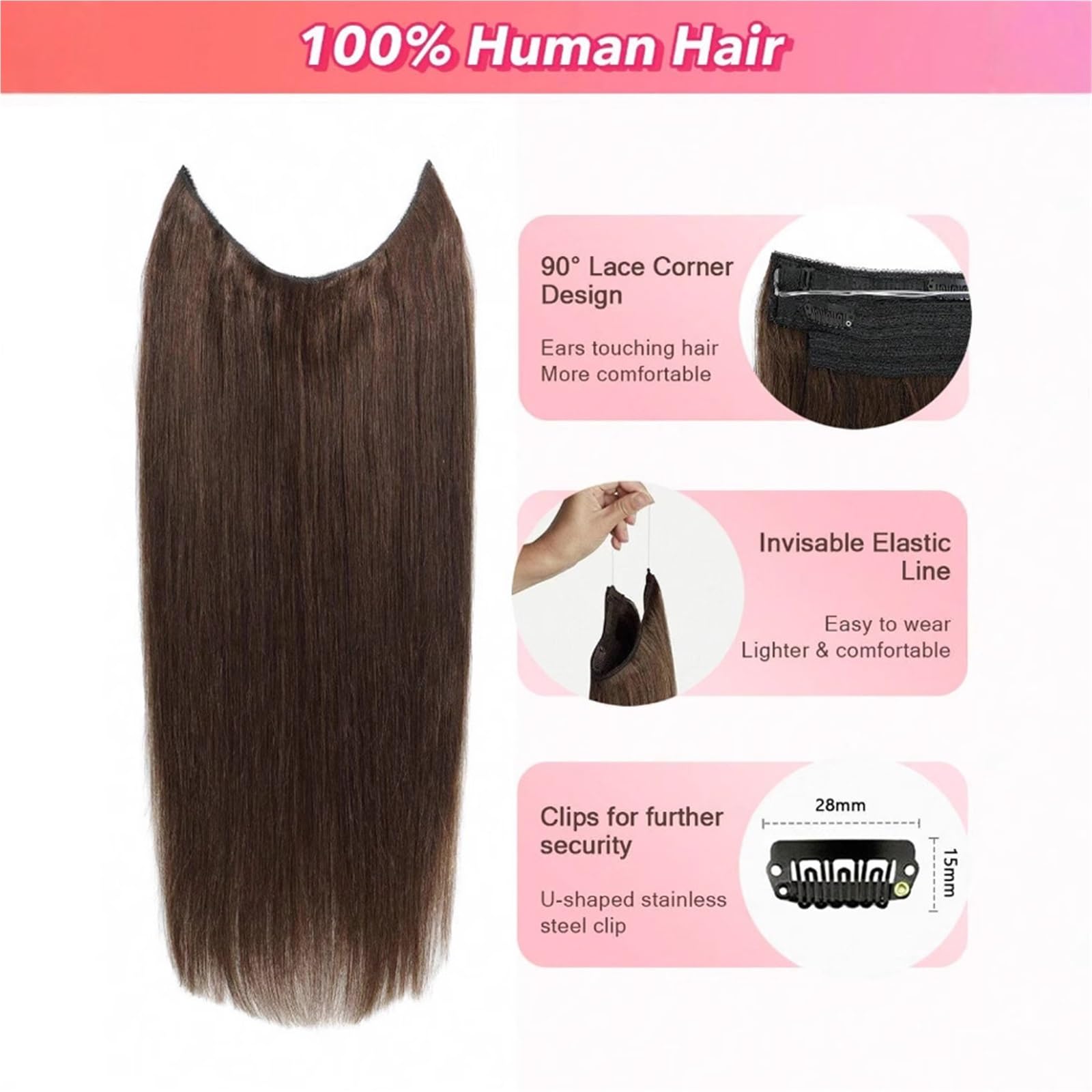 Extensiones de cabello humano real, liso, con clip, de 14 a 20 pulgadas, for mujeres, sin enredos.(16")