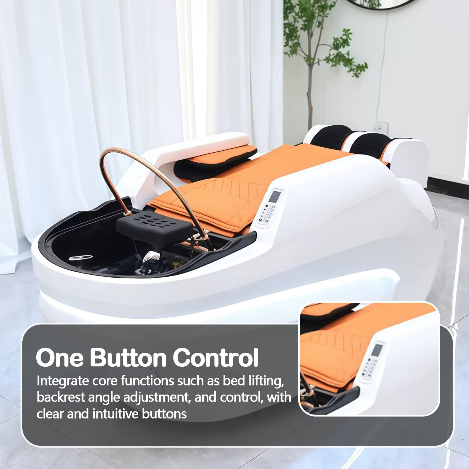 Professionelle Salon-Shampooliege mit multifunktionaler Massage, elegantem weiß-orangem Design, Wasserzirkulation, Beinauflage und Kosmetiktisch-Ausstattung (Weiß)