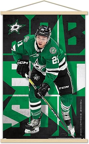 Trends International NHL Dallas Stars - Póster de pared de Jason Robertson 23, 22.37 x 34.00 pulgadas, paquete de impresión y colgador de madera de