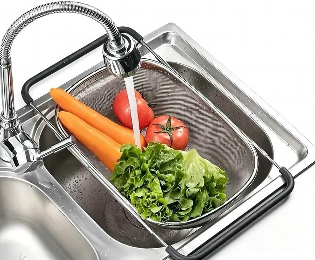 NikLye Stainless Steel Over the Sink Colander Basket with Expandable Handles, 6 Quart Fine Mesh Strainer for Pasta, Vegetables and Rice