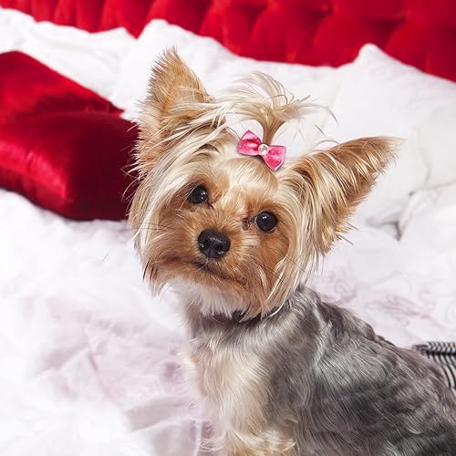 Miniatura 5 de Janinka 40 lazos para perros lindos lazos para el pelo de cachorro con bandas de goma, encaje de organza y perlas de diamantes de imitación,