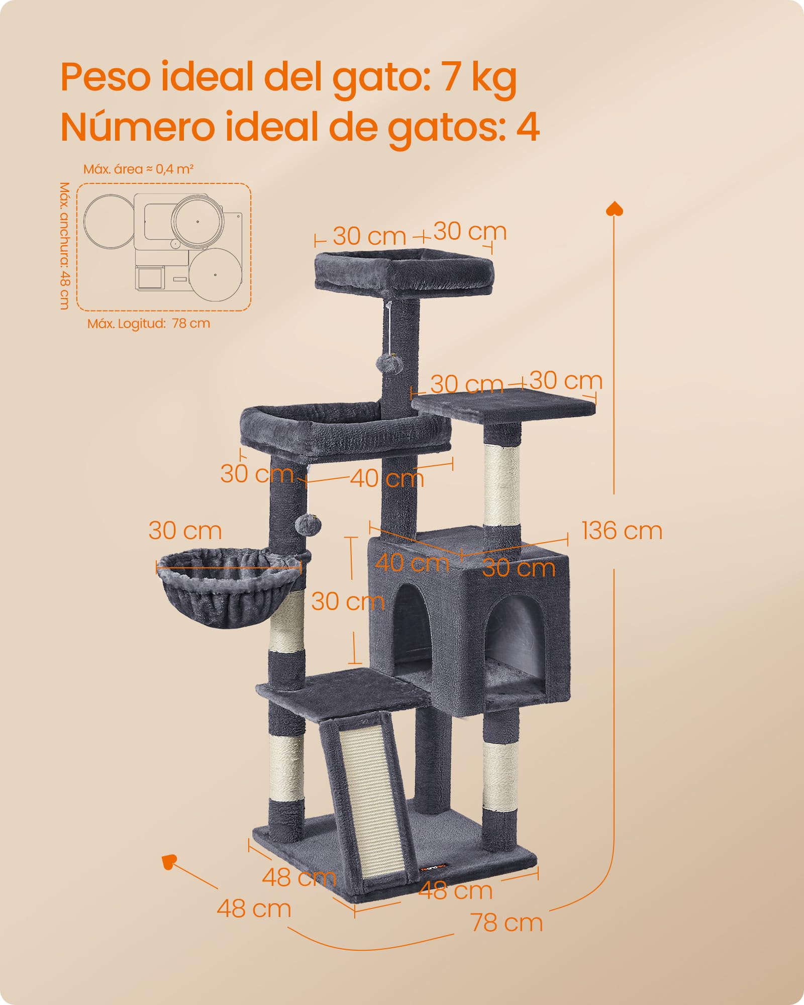 Feandrea Árbol para Gatos, Rascador de Gatos, Torre con Postes y Rampa Rascador, 3 Grandes Plataformas, 1 Cueva, 1 Hamaca, 2 Pompones, Altura 136 cm, Gris Oscuro PCT012GS01 — view 6