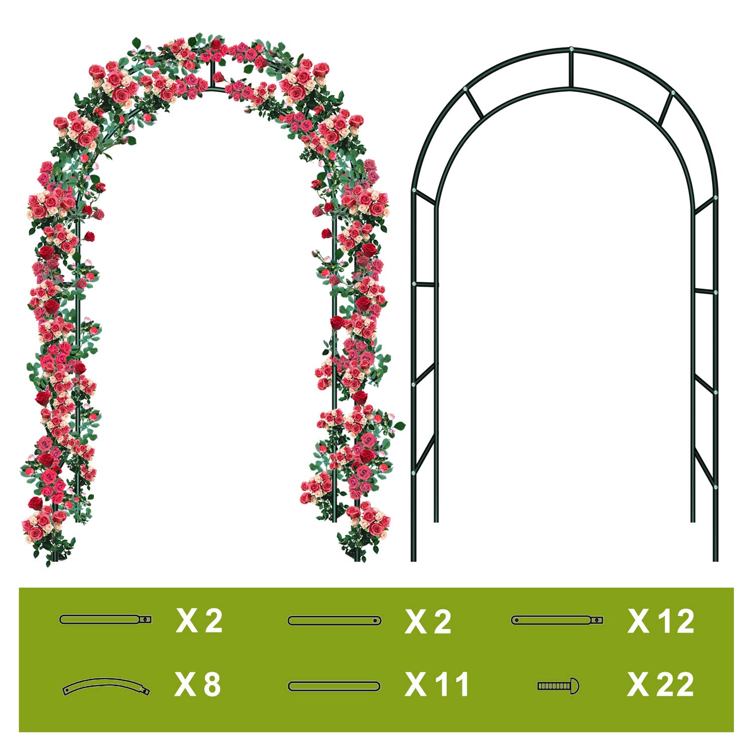 Metal Garden Arch, 2.4M Garden Archway Traliccio in Acciaio Verniciato a Polvere per Piante Rose di Supporto Arrampicata Arco Decorazione del Giardino (Verde Scuro)