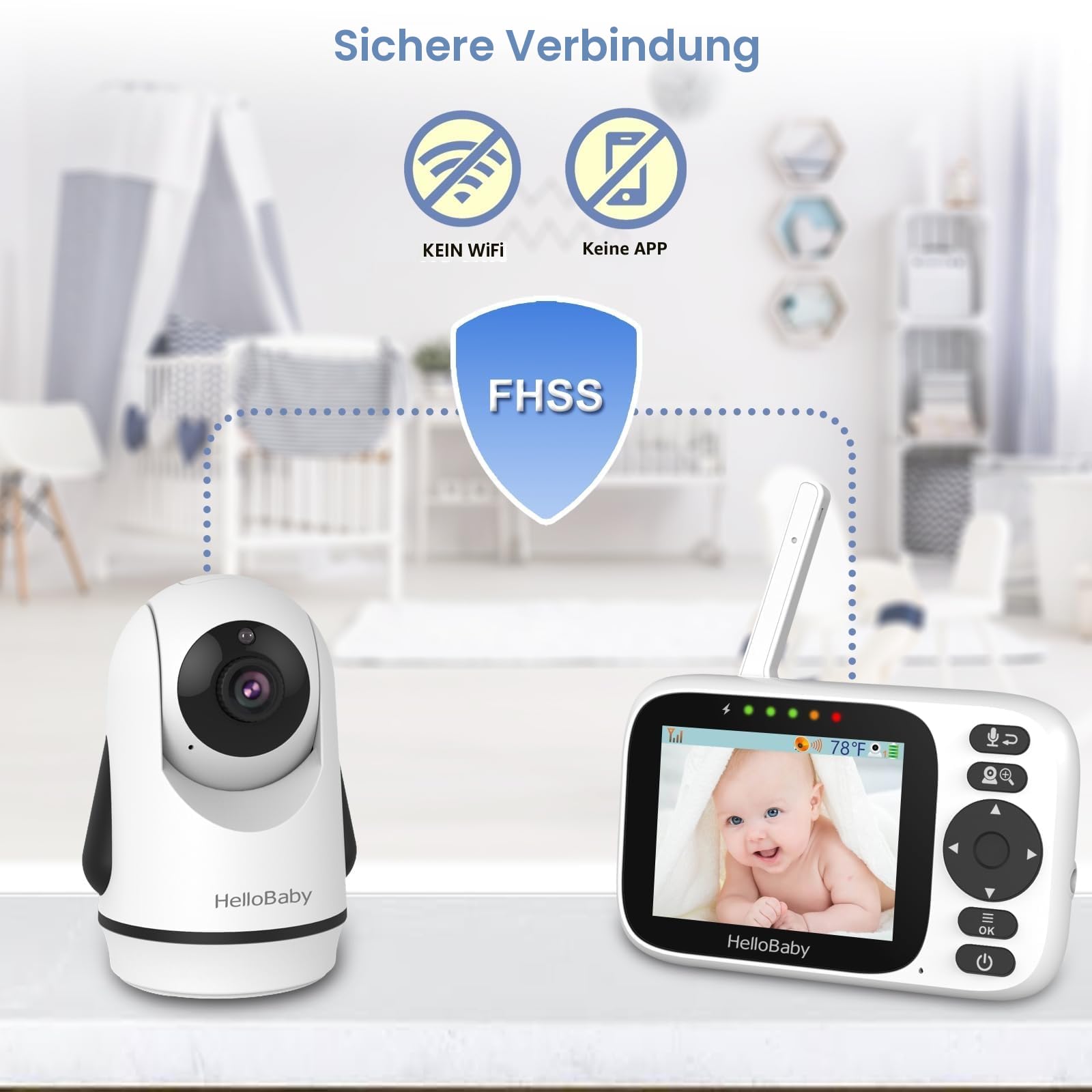 HelloBaby Babyphone mit Kamera ohne WLAN, 3,2 Zoll Bildschirm, 2 Wege Audio | 320° Schwenk, 120° Neige, Zoom, Temperaturanzeige, Nachtsicht, 305m Reichweite, ECO, 8 Schlaflieder, Fütterungsalarm HB6339
