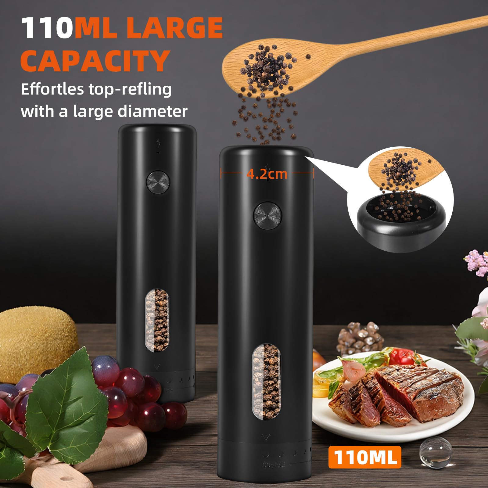 Molinillo Pimienta Eléctrico Set con Estación de Carga, Saleros de Cocina, Capacidad de 110ml, Molinillo de Sal Recargable con 5 Niveles de Ajuste, Molinillo de Cerámica con Cepillo