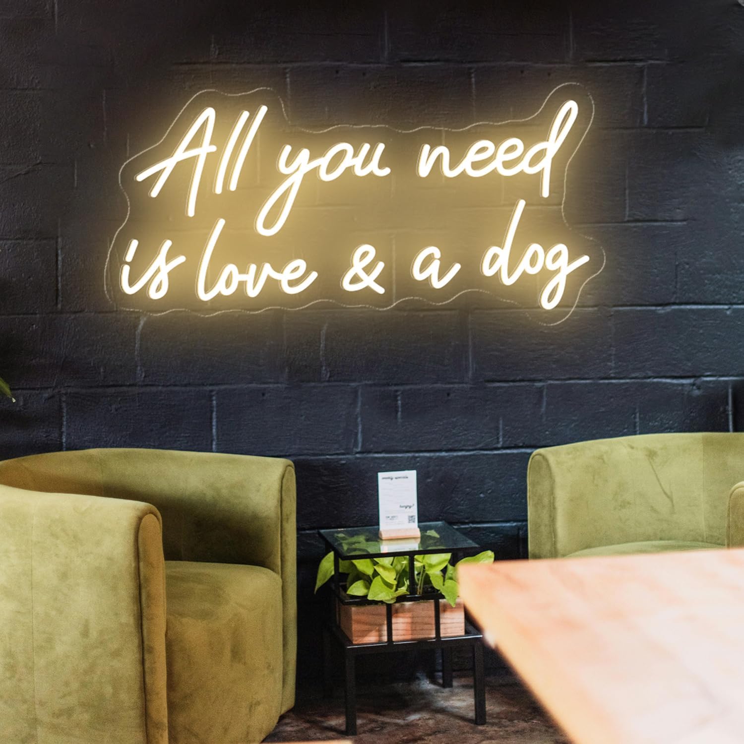 All You Need Is Love and A Dog Neon Sign, Dimmable LED All You Need Is Love and A Dog Neon Light Signs for Wall Decor, Dog Sign for Bedroom, Pet Store, Shop, Salon, 20x9.6", Warm White