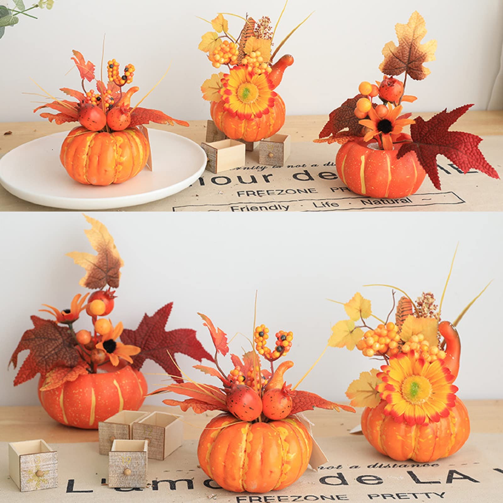 3 Pezzi di zucche Artificiali Set di zucche Artificiali per Decorazioni finte zucche finte con Foglie di Acero Girasoli di Bacche per Il fulcro dell'Autunno di Halloween del Ringraziamento