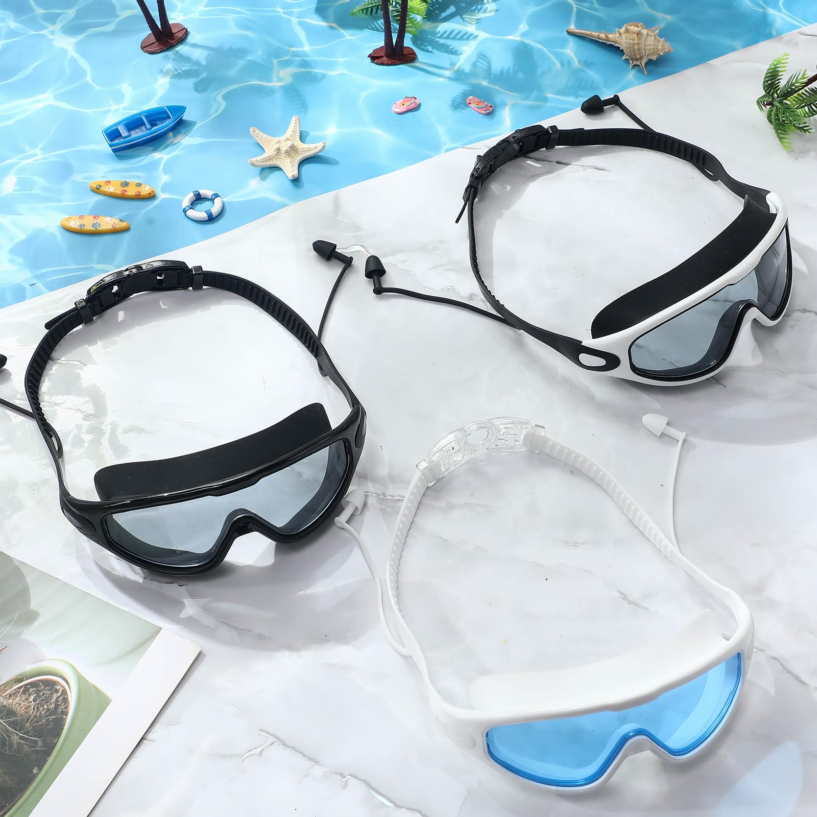 Kanayu 6 gafas de natación de visión amplia, sin fugas, antivaho, para adultos, con tapones para los oídos, clip de nariz para adultos, hombres y mujeres