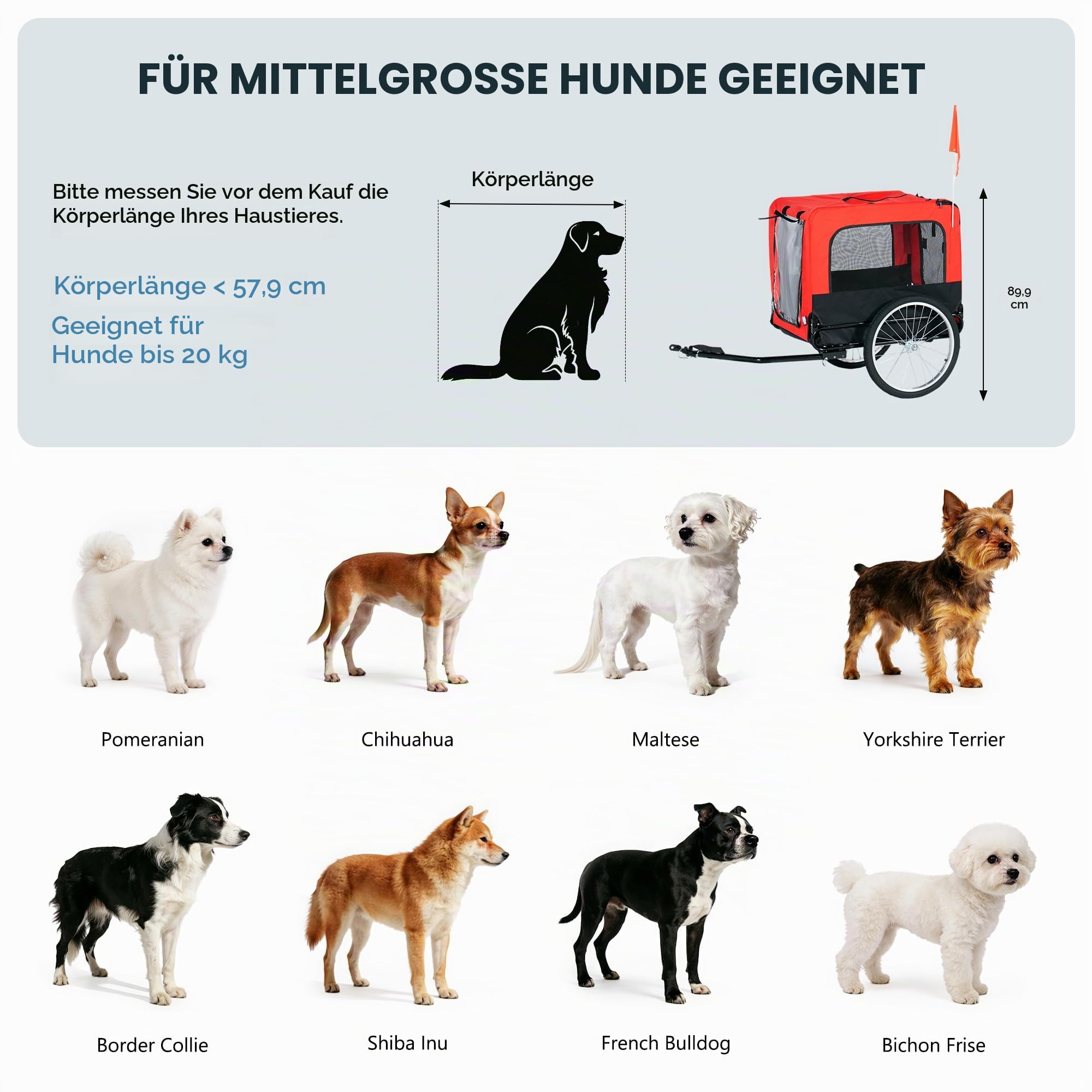 soges Großes Fahrradanhänger für Hunde bis 40 kg Faltbarer Hundefahrrad Anhänger aus 600D Oxford, Atmungsaktiver Mesh Hundefahrradanhänger, Hundewagen mit interner Leine, Sicherheitsreflektoren Rot