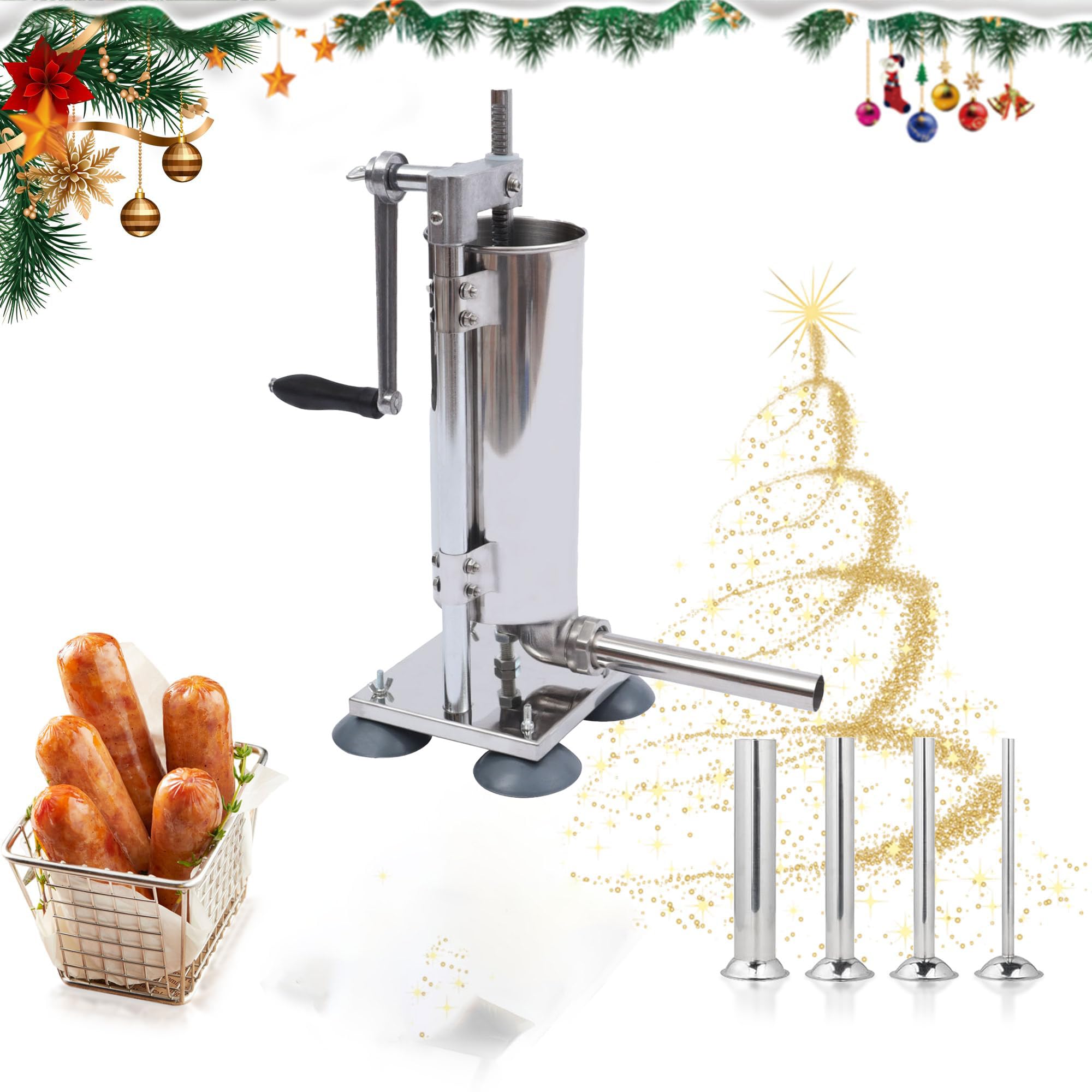 Stainless Steel Vertical Sausage Stuffer, 6 Pound Capacity Sausage Filler, Sliver, Easy Clean Up Sausage Maker - with Tubes