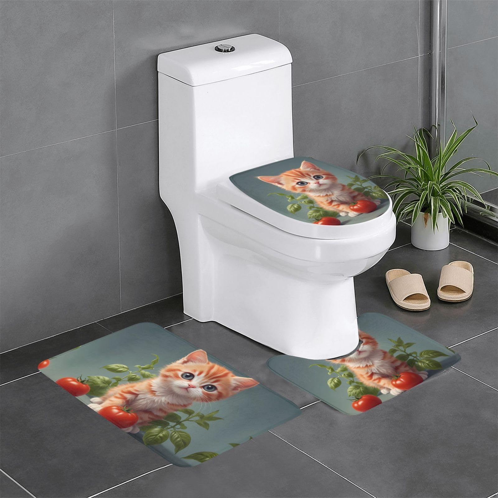 Tapis de salle de bain chaton tomate pour une ambiance chaleureuse devant la coiffeuse et les WC