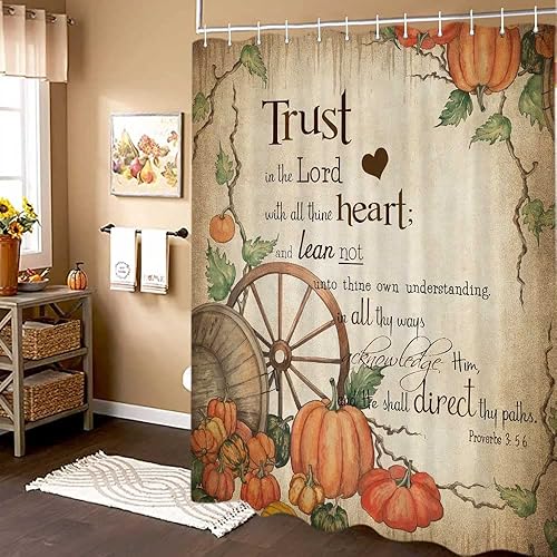 Miniatura 4 de Linda cortina de ducha de otoño, diseño de calabaza, retro, otoño, cosecha, juego de cortinas de ducha para baño, accesorios de decoración de baño