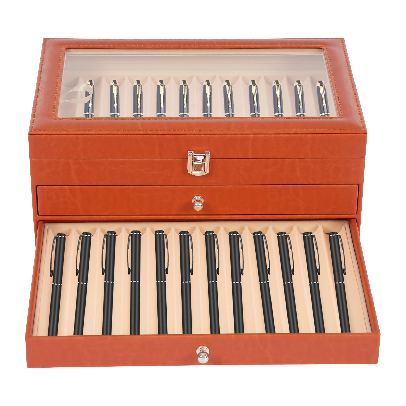 Pen Display Case, 3 Layer 36 Slots Fountain Pens Storage Display Case, Pen Organizer with Drawers Clear, Fountain Pens Collector Box for Offices, Stationery Store, Gift Shop (Orange)