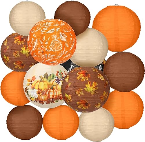 Bencailor 16 linternas de papel de Acción de Gracias, faroles de papel para fiesta de otoño, calabaza naranja, hojas de arce redondas y agradecidas,
