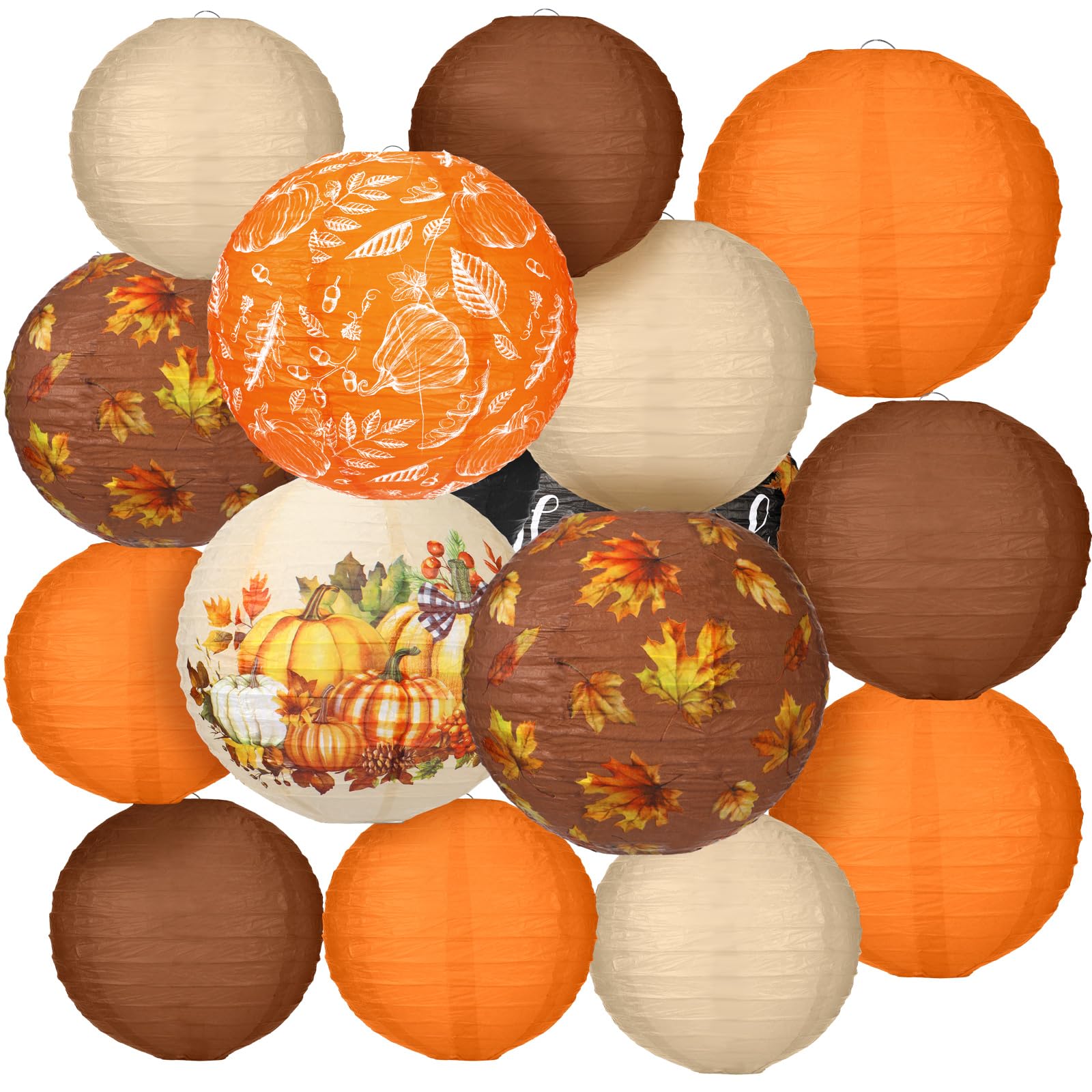 16 Pcs Thanksgiving Paper Lanterns Fall Orange Pumpkin Party Paper Lanterns Round Thankful Maple Leaves Hanging Party Decorations for Autumn Harvest Party Outdoor Decor