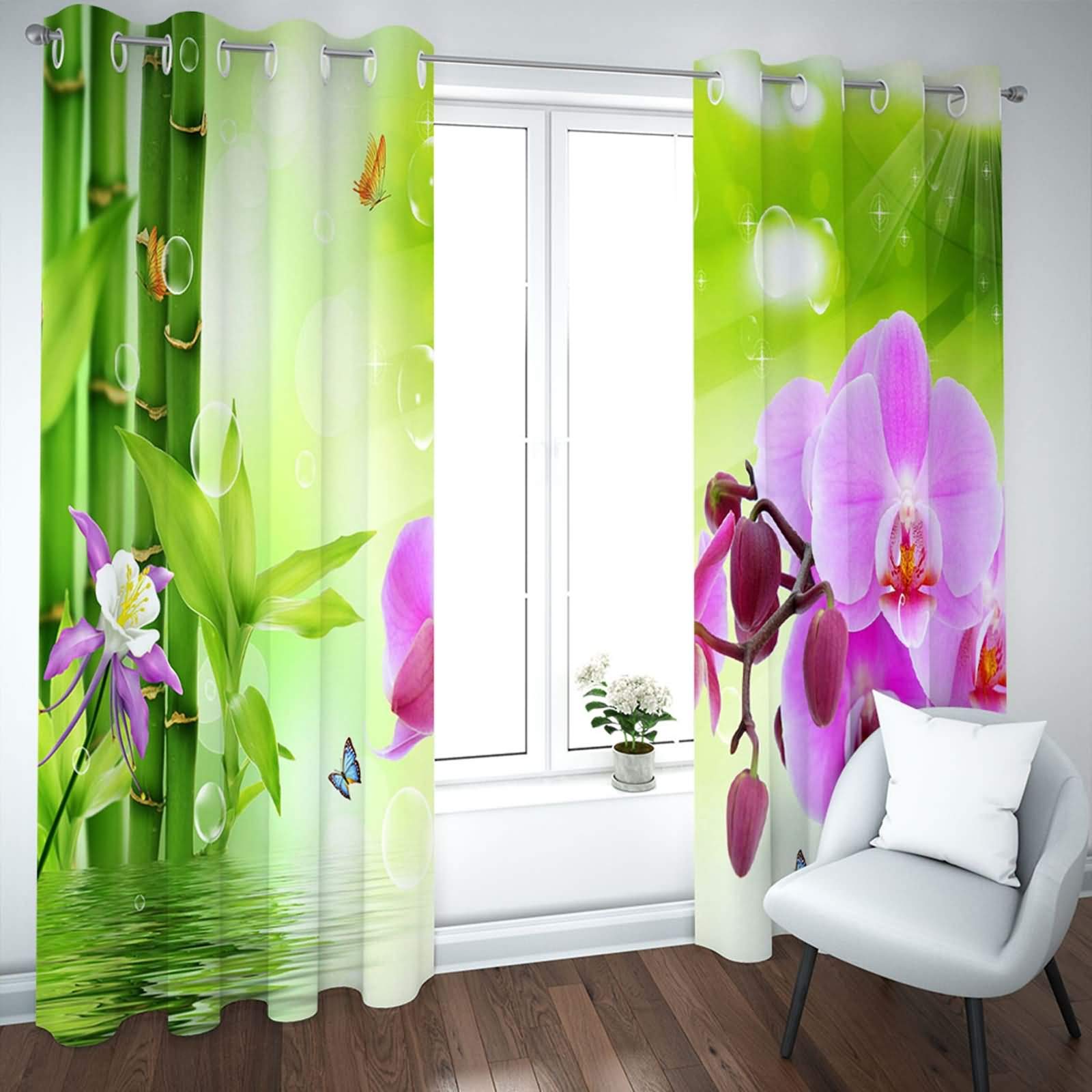 Zasłony nieprzezroczyste z oczkami, zestaw 2 sztuk, orchidea, poliester, zasłona do sypialni, 214 x 214 cm