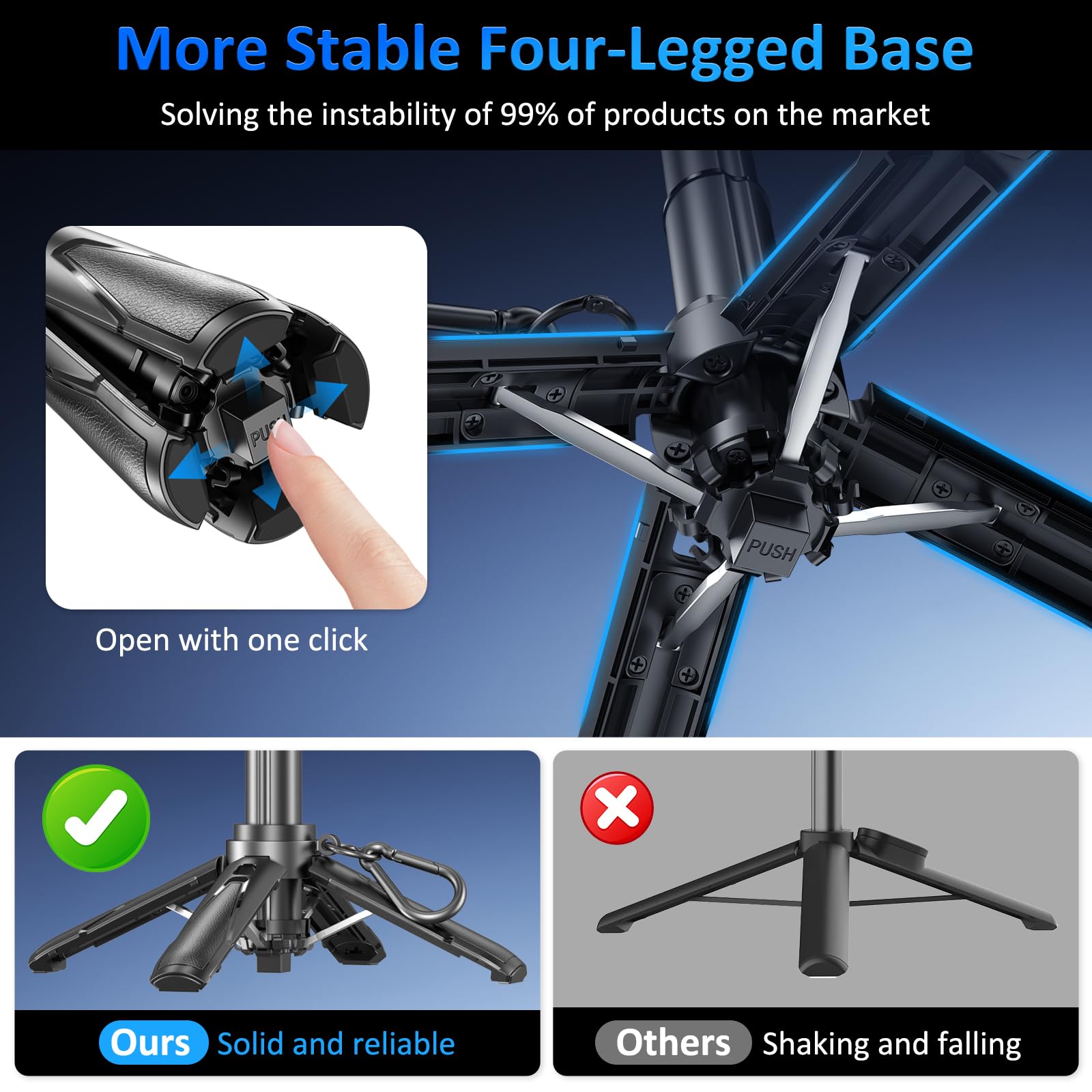 Bastone Selfie Con Magnetico E Morsetto A Molla, Treppiede per Cellulare Bluetooth 4 in 1, Impugnatura Per Telefono, Mini Quadrupode Telescopico Per iPhone/Android, Rotazione A 360 Gradi.