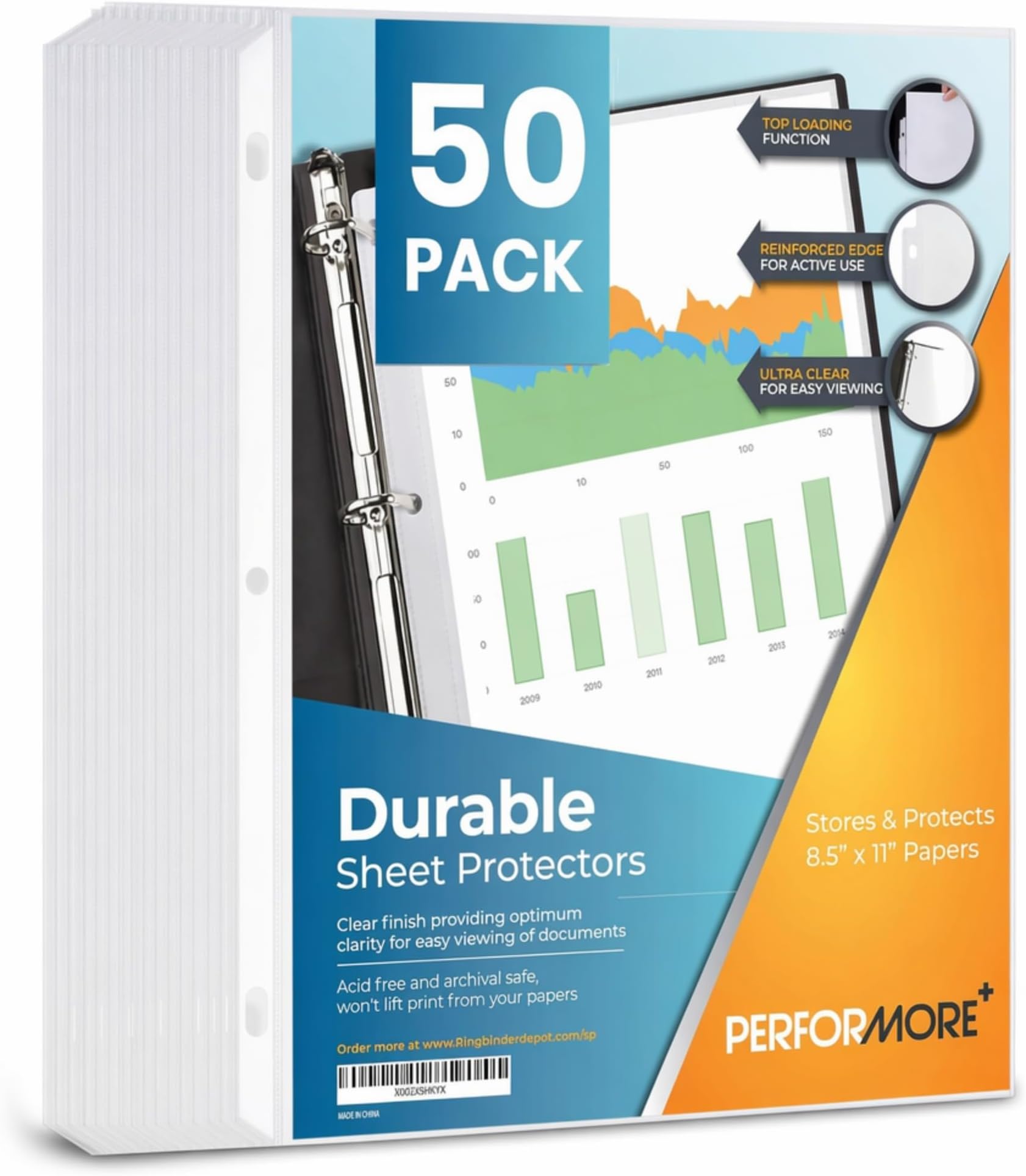 50 Pack Sheet Protectors for 3 Ring Binder, 8.5 x 11 Inch, Heavy Duty | Top Loading Page Protectors, Acid-Free Archival Safe, Non-Glare Polypropylene Sleeves, Reinforced, PVC-Free - Performore