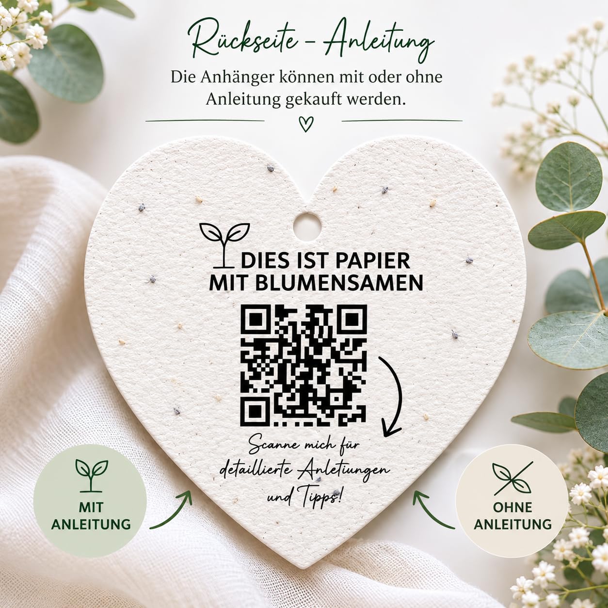 Personalisierte Samenpapier Anhänger Herz | Gastgeschenk Hochzeit nachhaltig | Mit Wildblumensamen | 6 cm | Mit oder ohne Pflanzanleitung | 3 Designs zur Auswahl (50, Ohne Pflanzanleitung)
