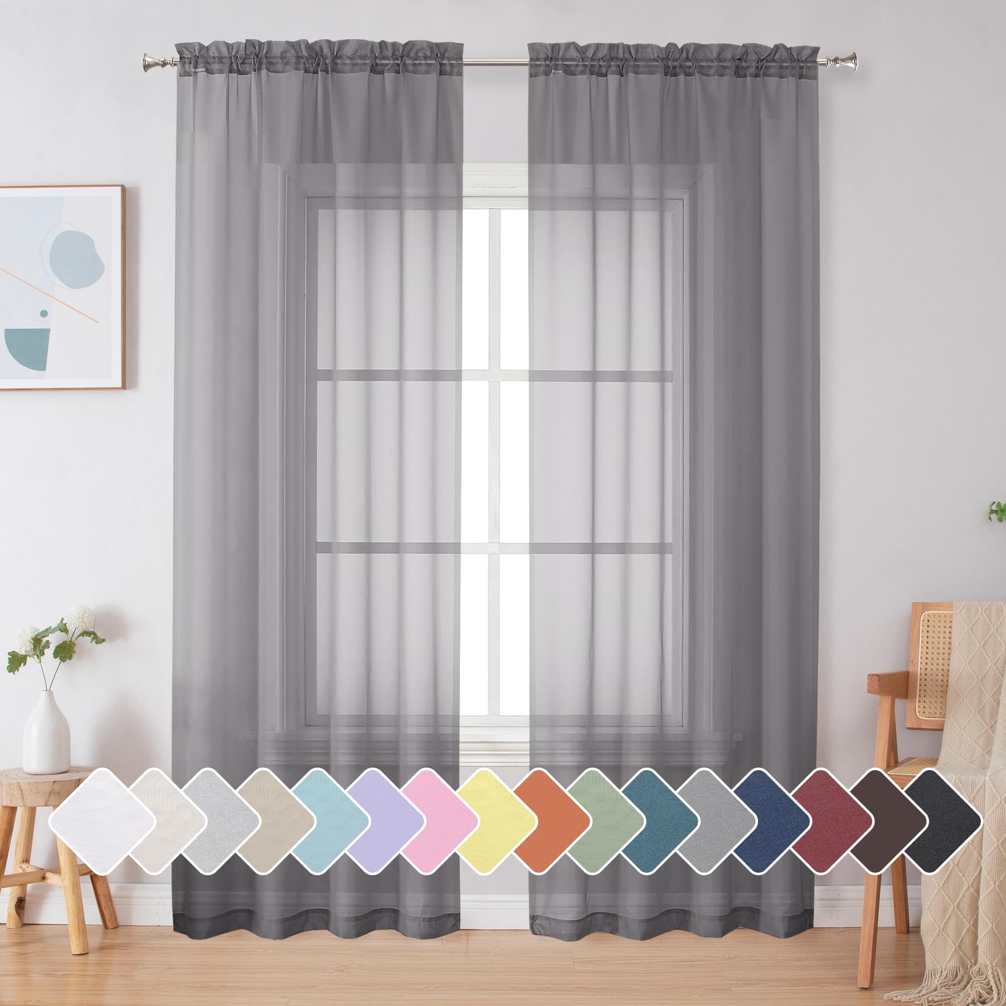 Simplebrand Grey Sheer Curtains 84 Inches Long, Light Filtering Rod Pocket Solid Color Window Sheer Curtain Panels, Elegant Curtains &amp; Drapes for Living Room 2 Panels (Charcoal Grey, 2x42x84'')