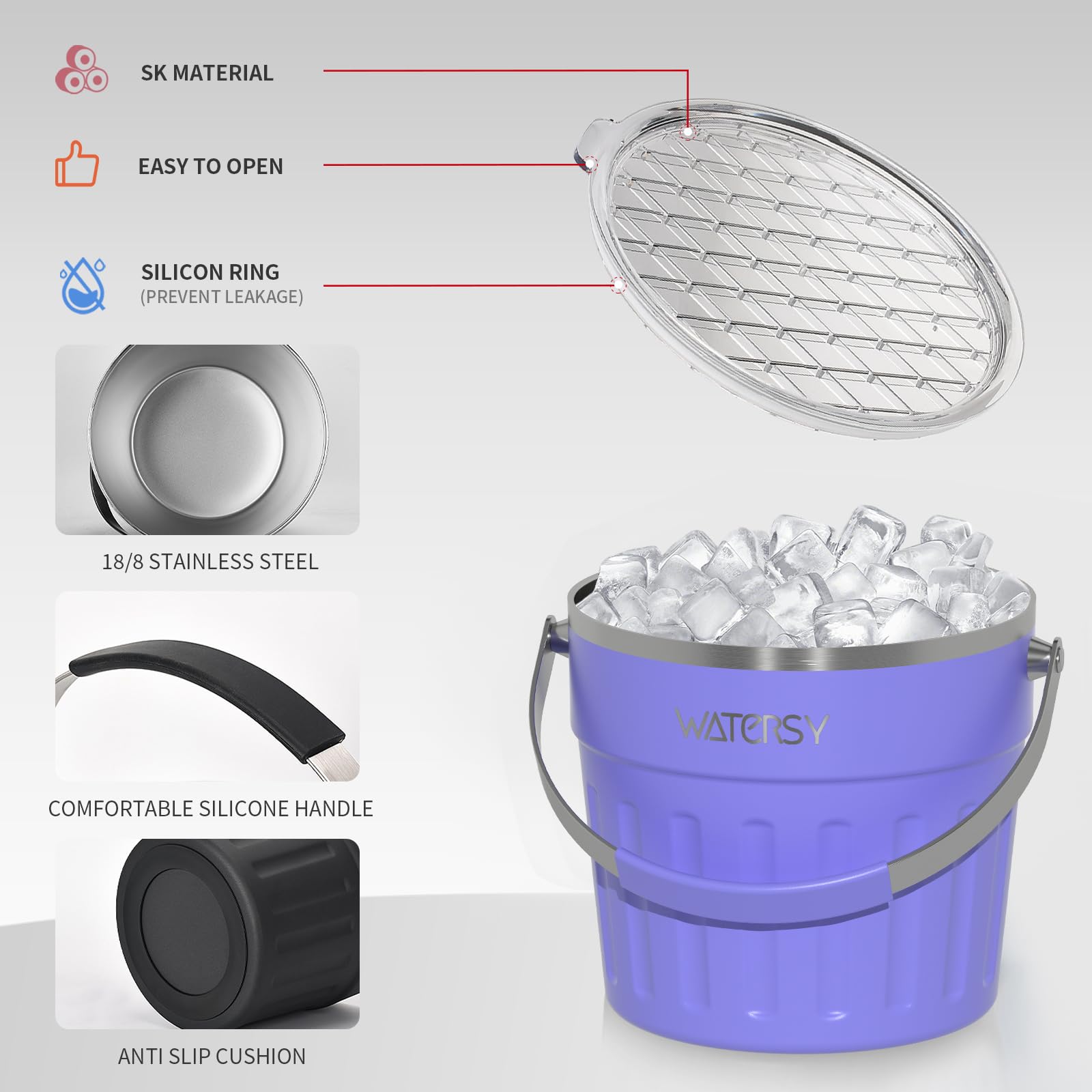 WATERSY de 7.6 L Cubitera con Tapa y Asa, Cubitera para Hielo Reutilizable Acero Inoxidable de Doble con Pinzas y Pala, para Cócteles, Whisky, Cerveza, Bares (Morado)