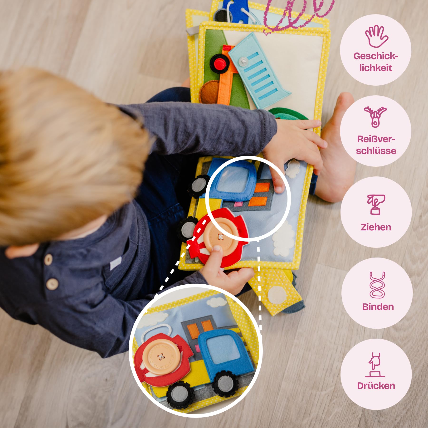 Jolly Designs Mini Quiet Book Il mio primo escavatore - Giocattoli Montessori a partire dai 18 mesi - Busy Book & Libro in stoffa in feltro - Giocattoli educativi per veicoli e regole del traffico