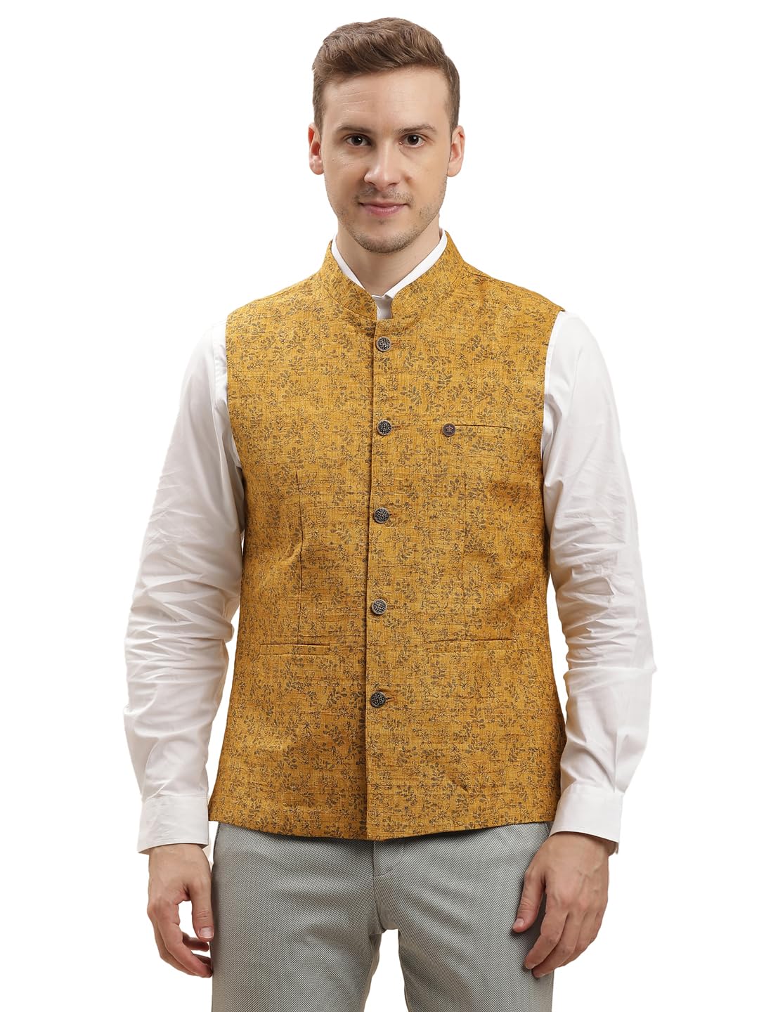 turtle Men Poly Cotton Printed Yellow Nehru Jacket-picture-48