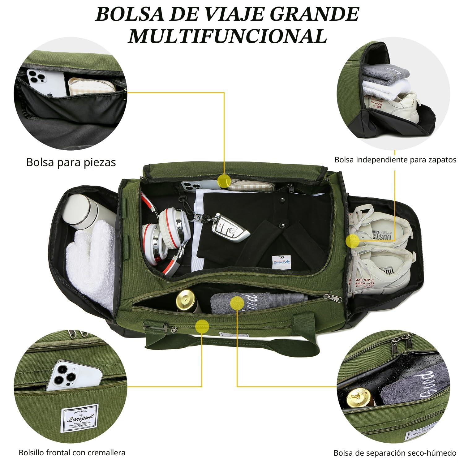 Laripwit Bolsa Deporte de Gimnasio para Hombre con Compartimento para Zapatos, 40L Bolsa de Viaje con Mochila Función y Compartimento Húmedo para Deportivo la Natación Duffle Bag, Verde