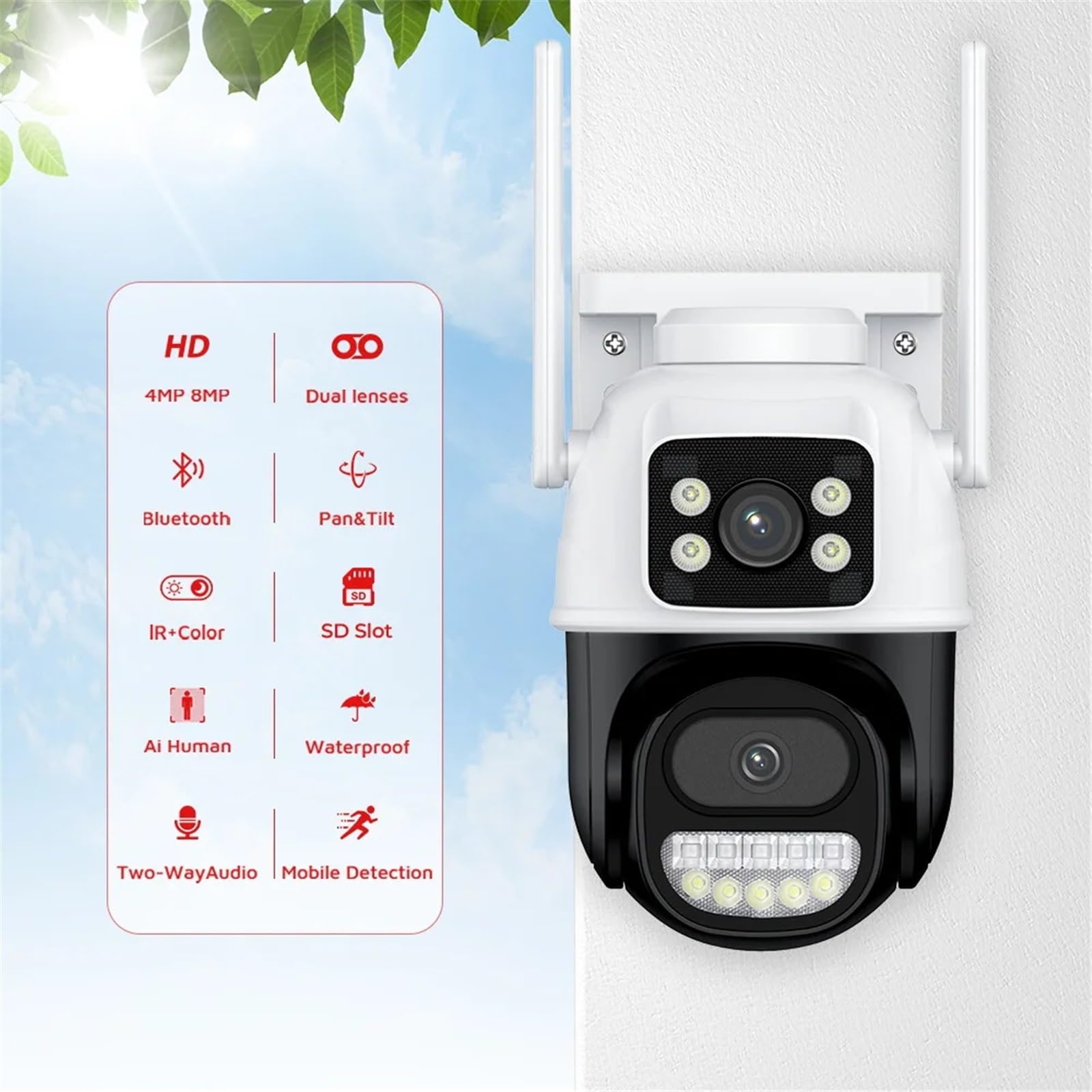 Kamera bezpieczeństwa, Kamera monitorująca Wi-Fi 6 MP, zewnętrzna, z dwoma obiektywami i podwójnym ekranem, noktowizorem, kamera IP PTZ CCTV H.265(6MP Add 64G Card)
