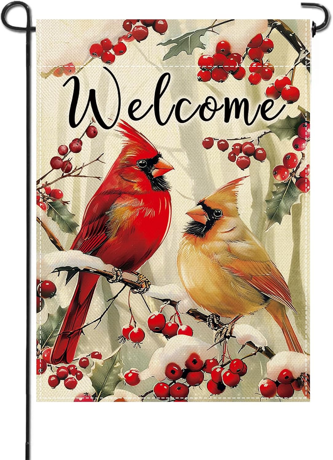 Artofy Welcome Winter Cardinal Small Decorative Garden Flag, Snowy Red Birds Holly Berry Branches Yard Lawn Outside Decor, Christmas Seasonal Burlap Outdoor Home Decoration Double Sided 12 x 18