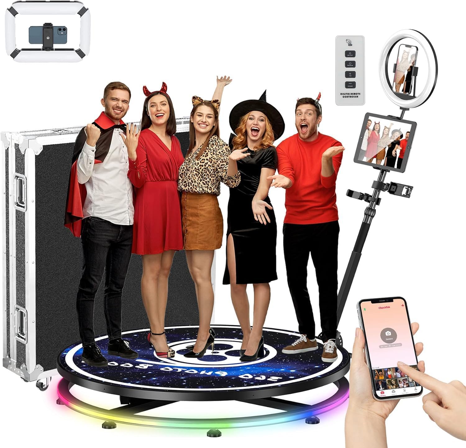 360 Photo Booth with Flight Case Extra Free Battery Pack+Power Bank+Ring Light+Free Custom Logo,YCKJNB 360 Photo Booth Machine with Software Wireless Control Automatic Spin for 5-7 People(39.4"/100CM)