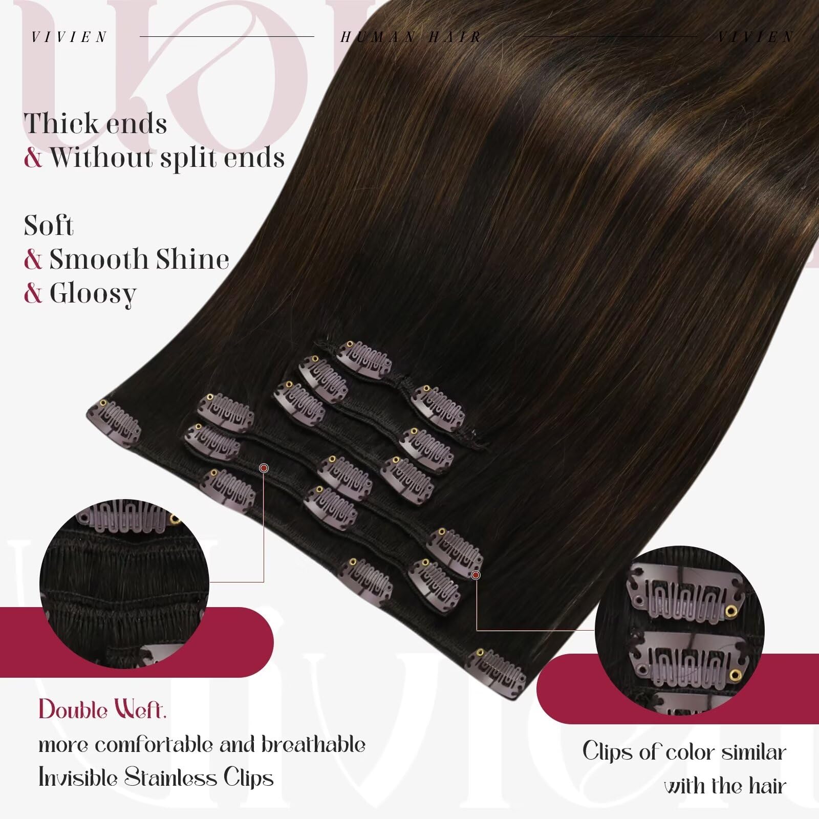 Vivien Brown Clip in Hair Extensions Darkest Brown to Light Brown Balayage Hair Extensions for Women Clip in Hair Extensions Human Hair 22 Inch 120g 7pcs #2/8/2 — view 3