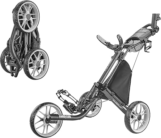Caddytek CaddyLite EZ V8 Golf Push Cart - Lightweight 3 Wheel Foldable Cart with One-Click 2-Step Folding, EVA Wheels, Adjustable Handle, Cooler Basket, Umbrella & Drink Holder, Compact Golf Cart