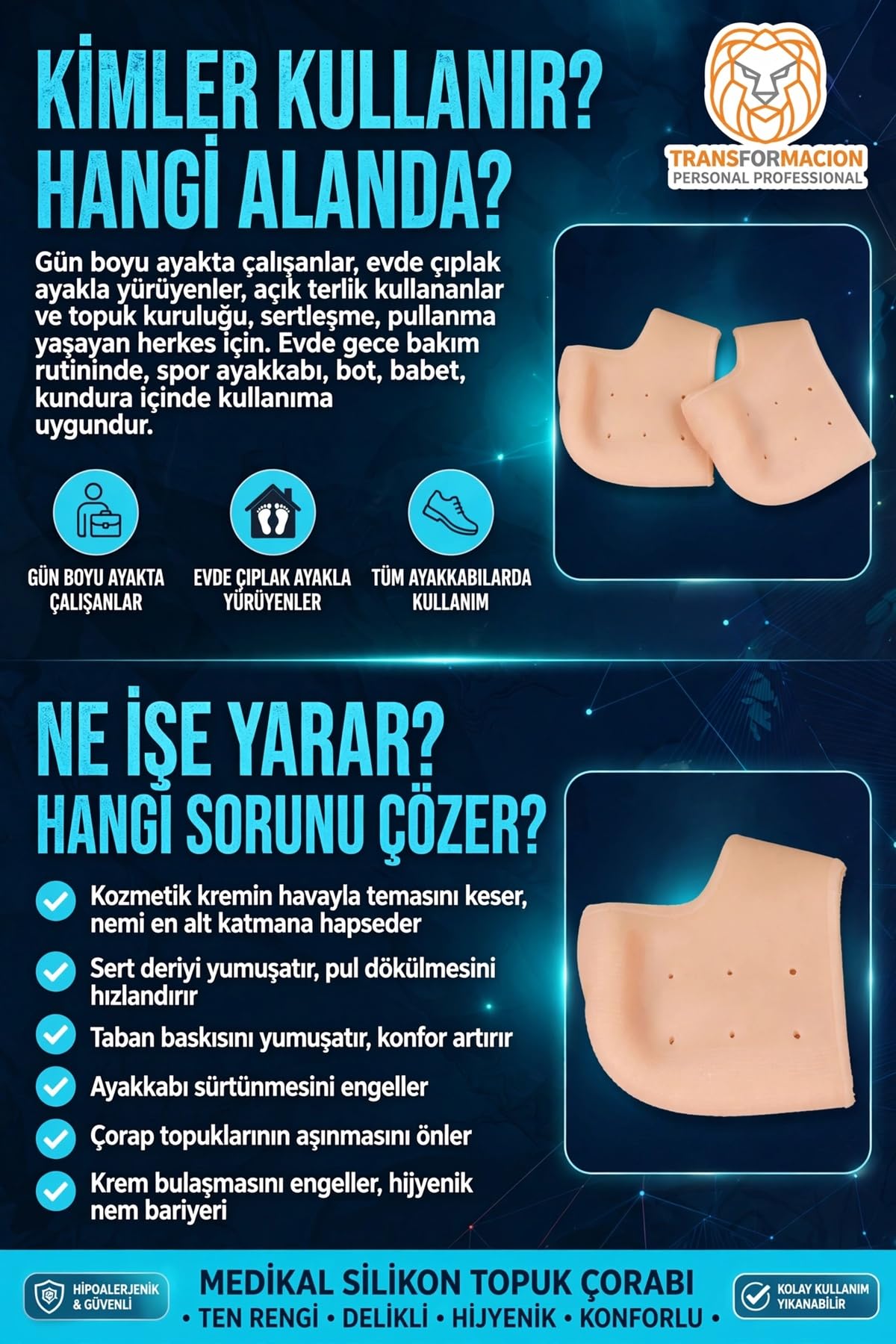 Transformacion Medikal Silikon Topuk Çorabı 2 Çift 4lü Çatlak Giderici Nem Tutucu Esnek Gece Bakım Koruyucu Jel Tabanlık Ped 2 ÇİFT 721955