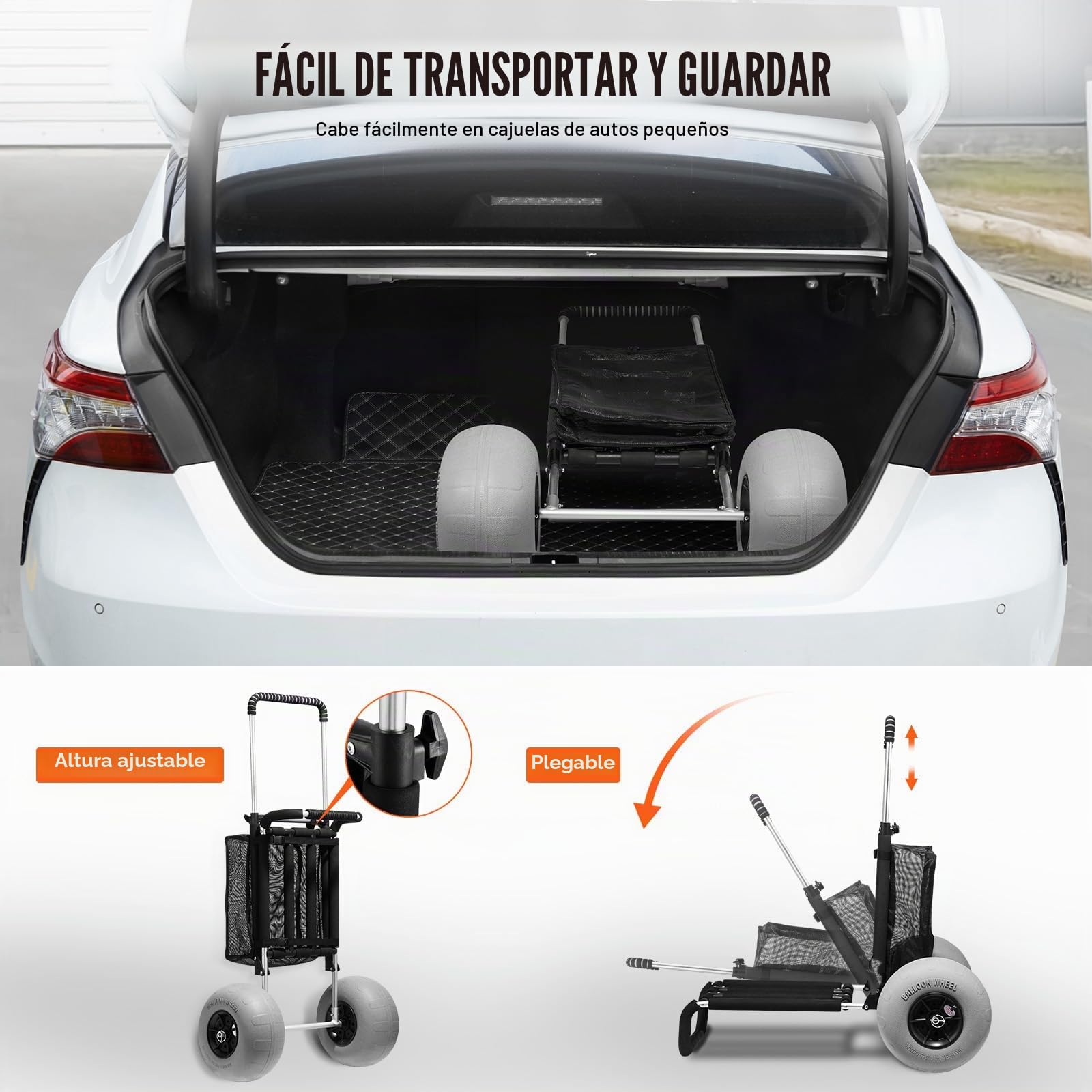 VEVOR Carrito de Playa con Ruedas Sólidas de PE Grandes para Arena, Plataforma de Carga de 760 x 390 mm, Carro de Arena Plegable, Carro Resistente para pícnica, Camp, Pesca, Playa, Jardinería