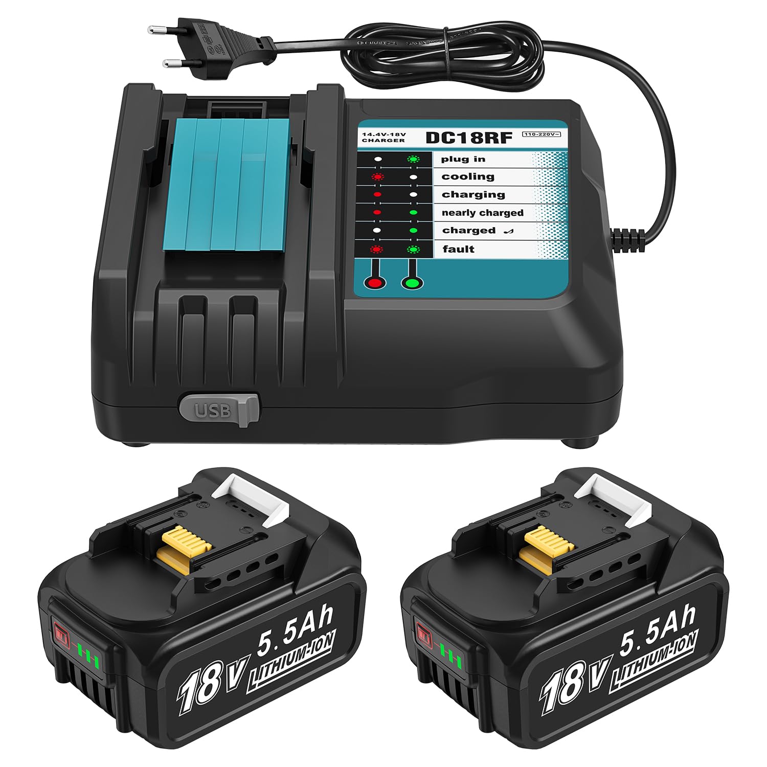 Makita DC18RC 18V Ladegerät + 2x 5,5Ah Ersatzakku Kompatibel BL1860B BL1850B