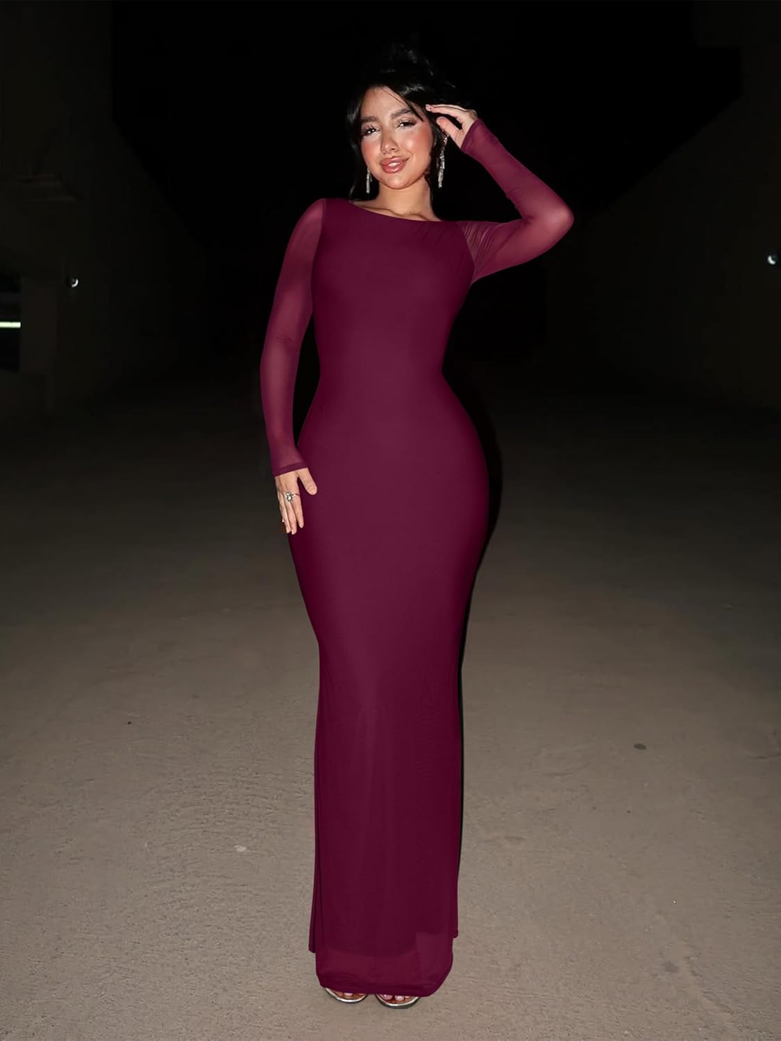 REORIA Women's Spring Mesh Sheer Long Sleeve Wedding Guest Dress Sexy Floral Bodycon Maxi Long Dresses - Image 5