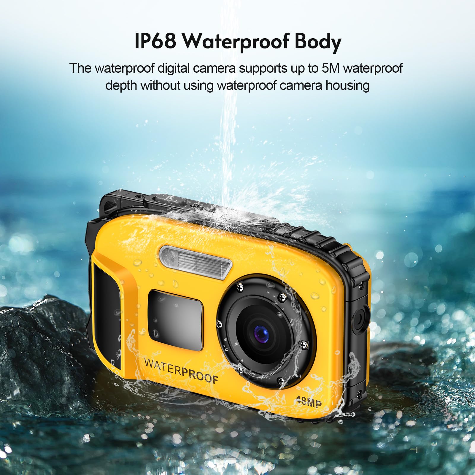 Andoer Appareil photo numérique étanche 1080p 48 MP - Écran IPS de 6,1 cm - IP68 - Profondeur étanche à 5 m - Mise au point automatique - Zoom numérique x4 - Cadeau d'anniversaire pour enfants,