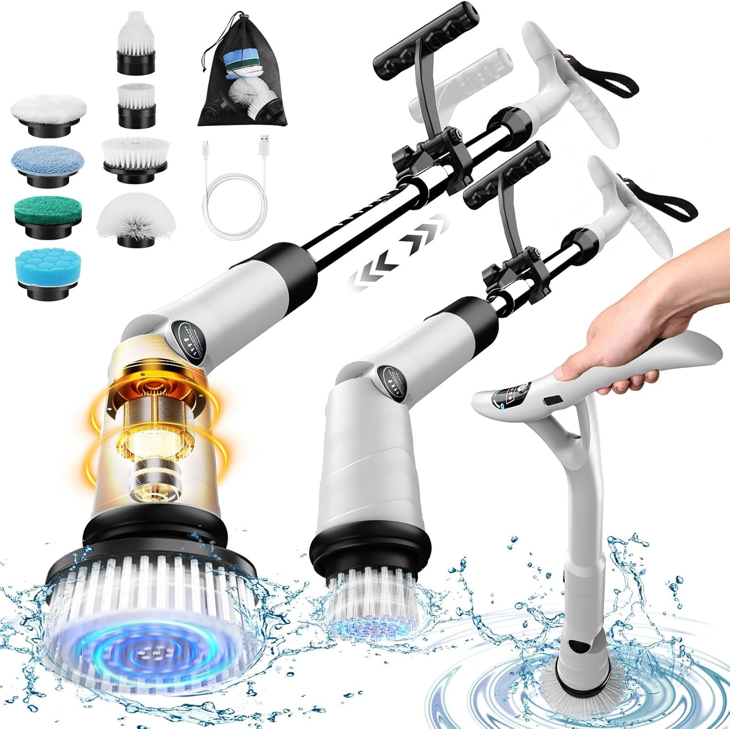 Upgraded Electric Spin Scrubber, Cordless Scrubber with 8 Brush Heads, 3 Power Speed ​​Display, IPX7 Waterproof Adjustable Long Handle for Bathroom, Tub, Tile, Shower, Car, Household Cleaning (White)