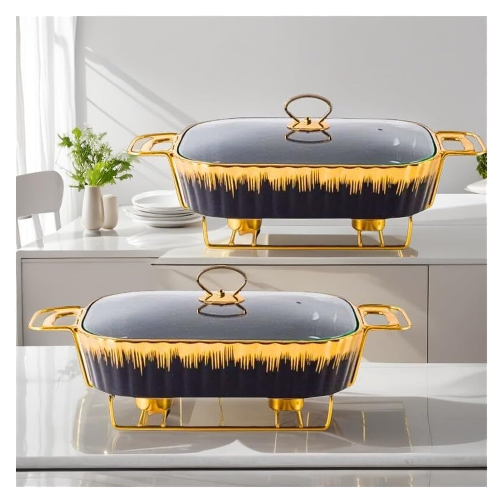 Scaldavivande in Ceramica Nera for Buffet | Piatto da portata riscaldato ad alcool con base in acciaio inossidabile dorato for buffet, feste(11 inch)