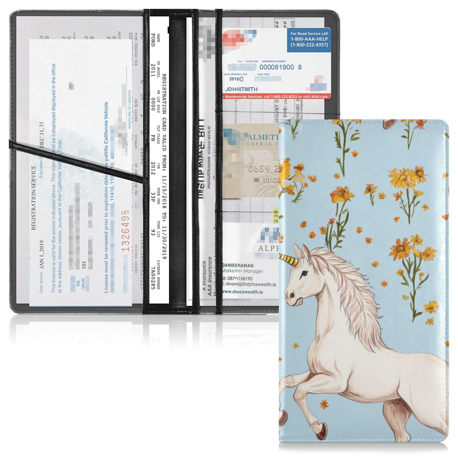 Premium Leather Registration and Insurance Card Holder Men Women Automobile Wallet Case Organizer for Cards, Essential Document Driver License Cartoon Unicorns