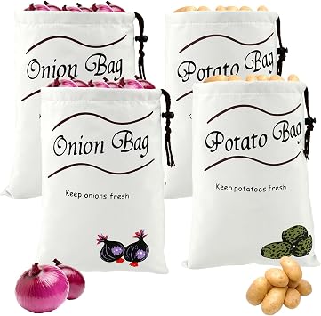 4 Pack Potato Storage Bag, Pantry Potato and Onion Storage Bags with Side Zipper, Cotton Farmhouse Kitchen Onion Bag with Blackout Liner, Free Vegetable Storage Bags