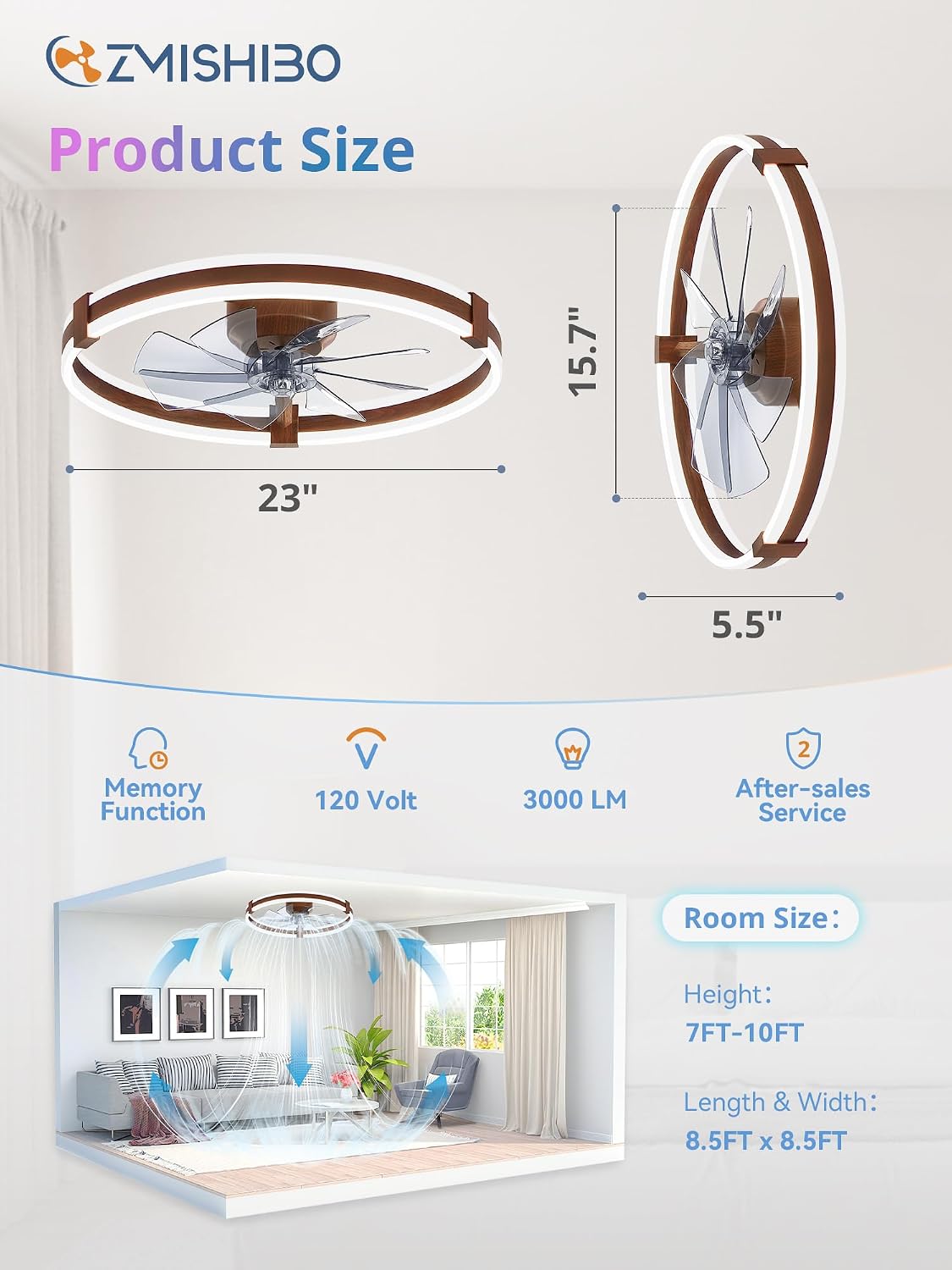 ZMISHIBO 23" RGB Low Profile Ceiling Fans with Lights and Remote, Walnut image 4