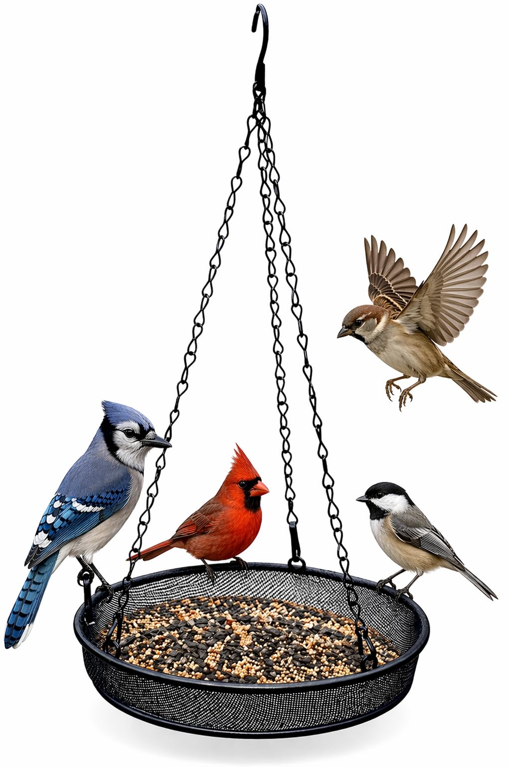 DIVCHI Wire Mesh Hanging Bird Feeder Tray for Garden & Balcony | Outdoor Metal Bird Feeding Tray with Chain & Hook | Hanging Seed Feeder for Wild Birds | Waterproof Mesh Bird Feeder