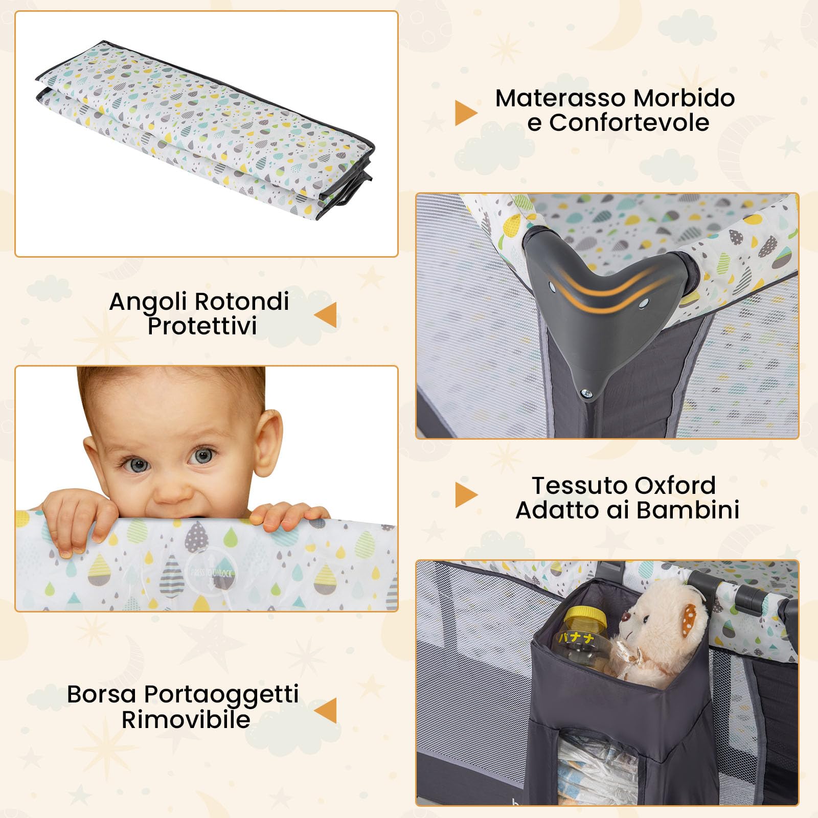 COSTWAY 4 in 1 Lettino da Campeggio per Bambini, Lettino Pieghevole con Materasso, Box Bambini Portatile con Borsa, Culla Lettino con Fasciatoio, Ruote, Portata 15 kg, 102 x 72 x 74 cm (Grigio+Beige)