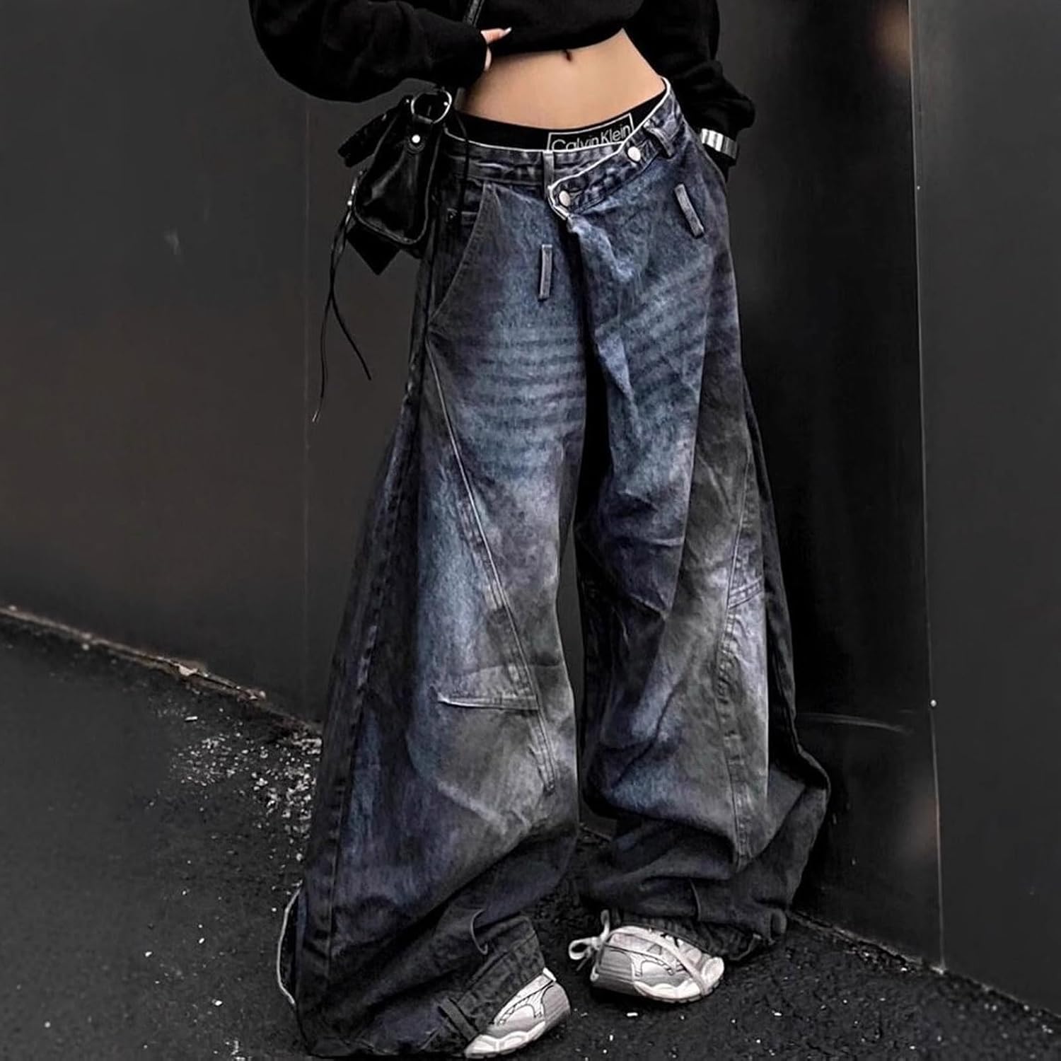 Women's Retro high Street Washed Dirty Jeans Punk Y2K high Waist Wide Leg Harajuku Hip-hop Pants
