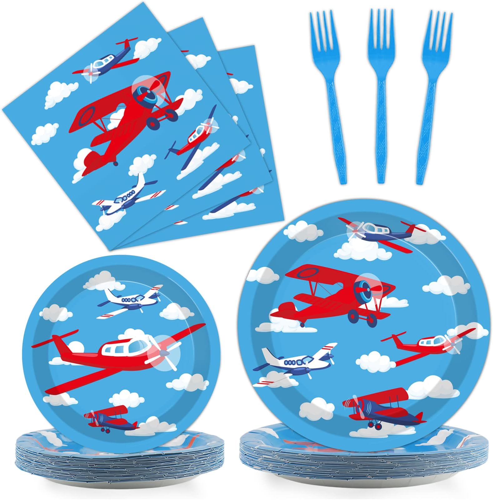 96 Pcs Airplane Party Plates Napkins Tableware Set Plane Birthday Party Supplies Disposable Paper Cake Dinnerware Blue Sky Two Fly Theme Table Decoration for Baby Shower Kids Birthday, 24 Guests