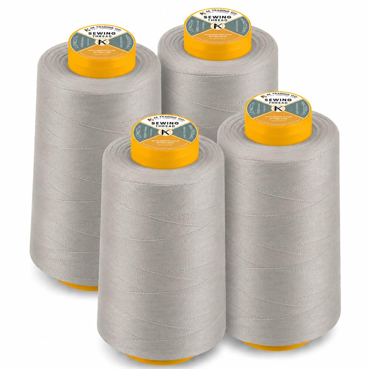 AK Trading 4-Pack Silver All Purpose Sewing Thread Cones (6000 Yards Each) of High Tensile Polyester Thread Spools for Sewing, Quilting, Serger Machines, Overlock, Merrow & Hand Embroidery.