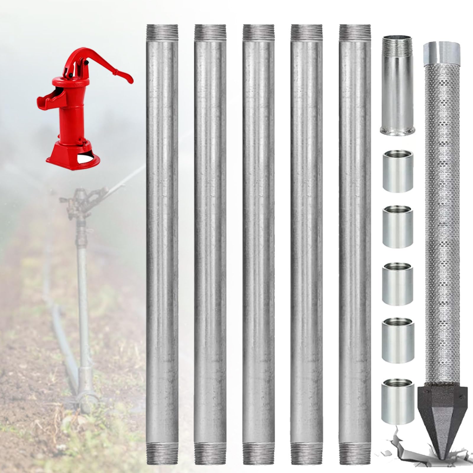 ZyKnaurral Self-sufficient DIY Driven Point Well Kit，with 1-1/4" x 36" Water Well Drilling Point, Galvanized Drive Pipes, Couplings and 60 Gauze Mesh Screen to Clean Water 6M-WithWaterPump